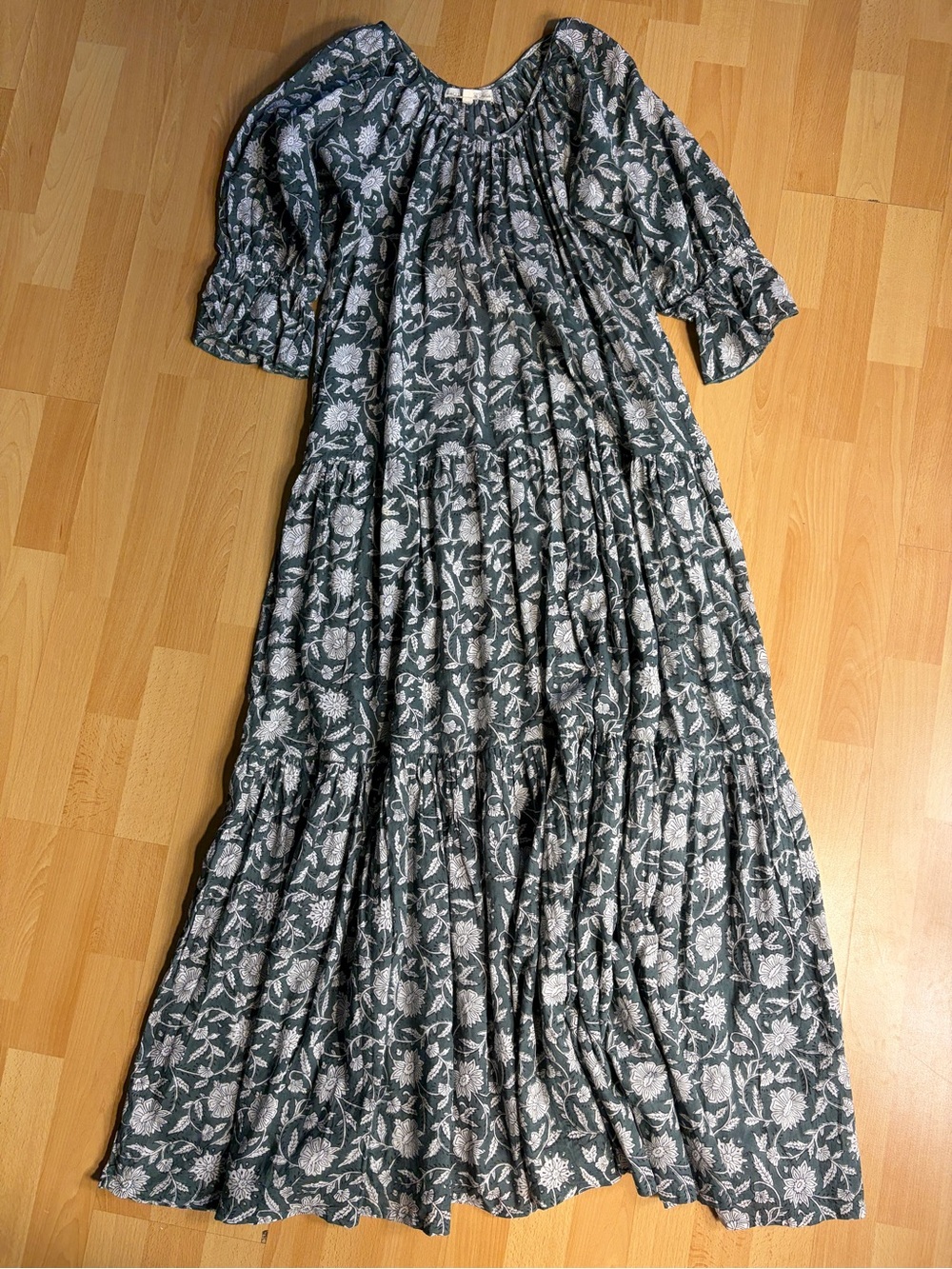 Daughters of India Sahana Forest Green Floral Block Print Tiered Maxi Dress - Picture 5 of 12